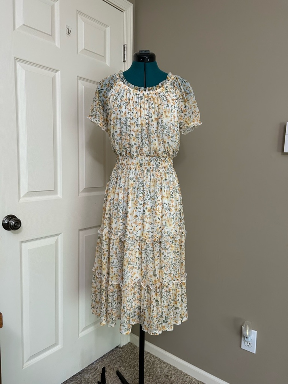 Cream Floral Tiered Midi Dress with Smocked Waist